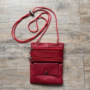 Red Leather Crossbody Mini Purse Multi Pocket Organizer Bag Vintage 90s
